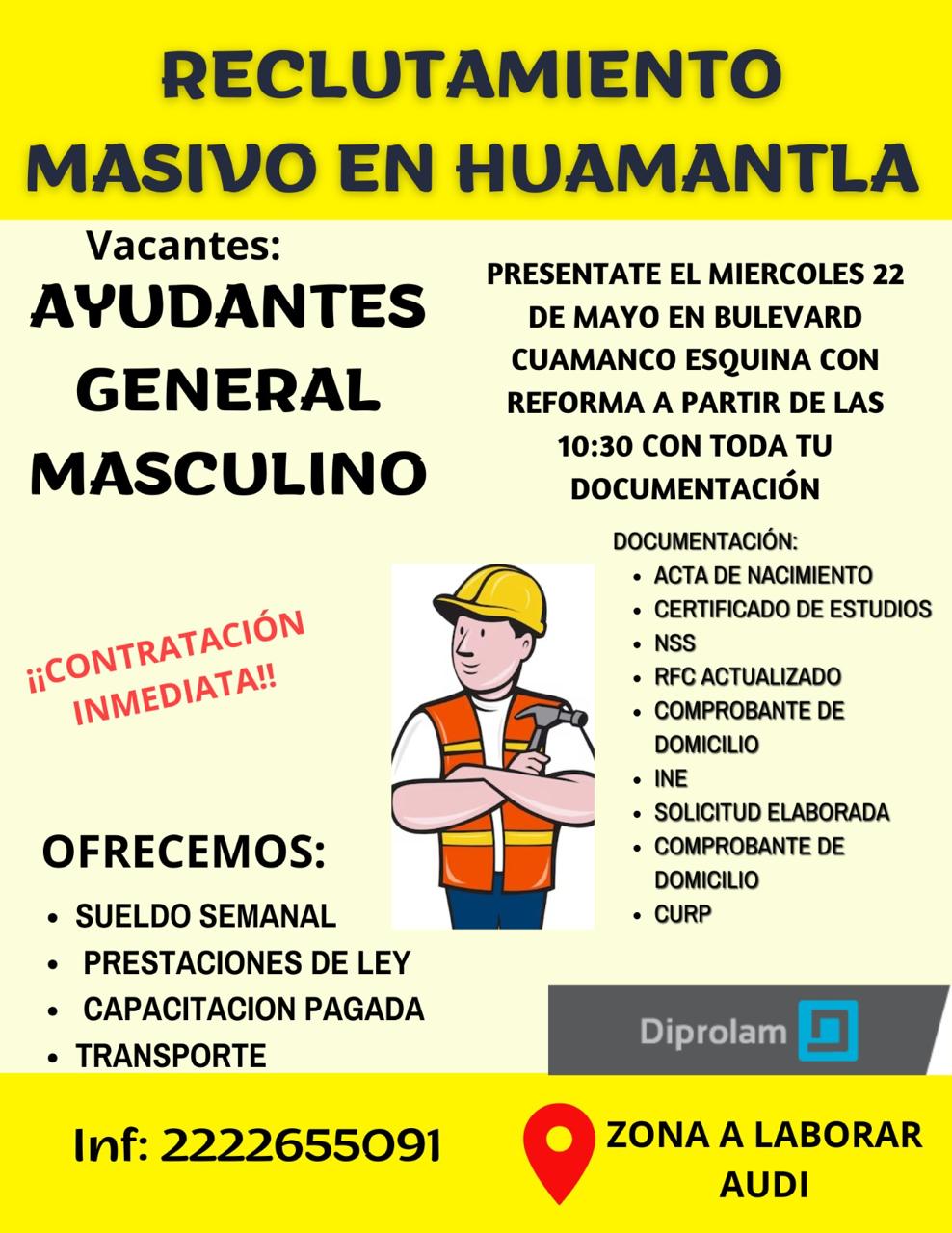Ayuntamiento de Huamantla y empresa Diprolam invitan a participar en la vacante de ayudante general